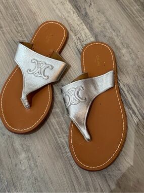 Metallic Silver Leather Thong Sandals Size 41 US 11
